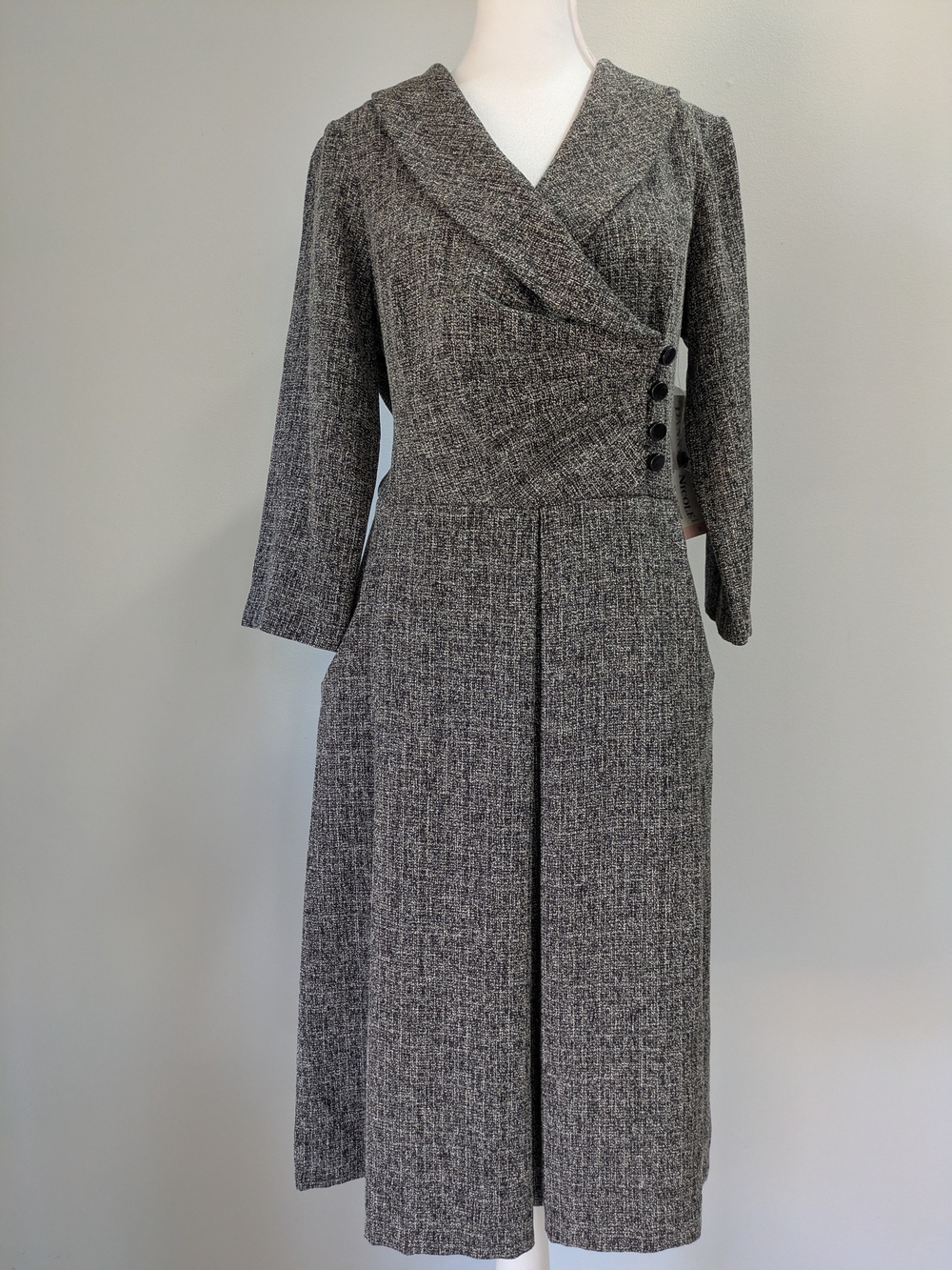 Danny & Nicole Gray Tweed Long Sleeve Midi Dress with Asymmetrical Button Bodice